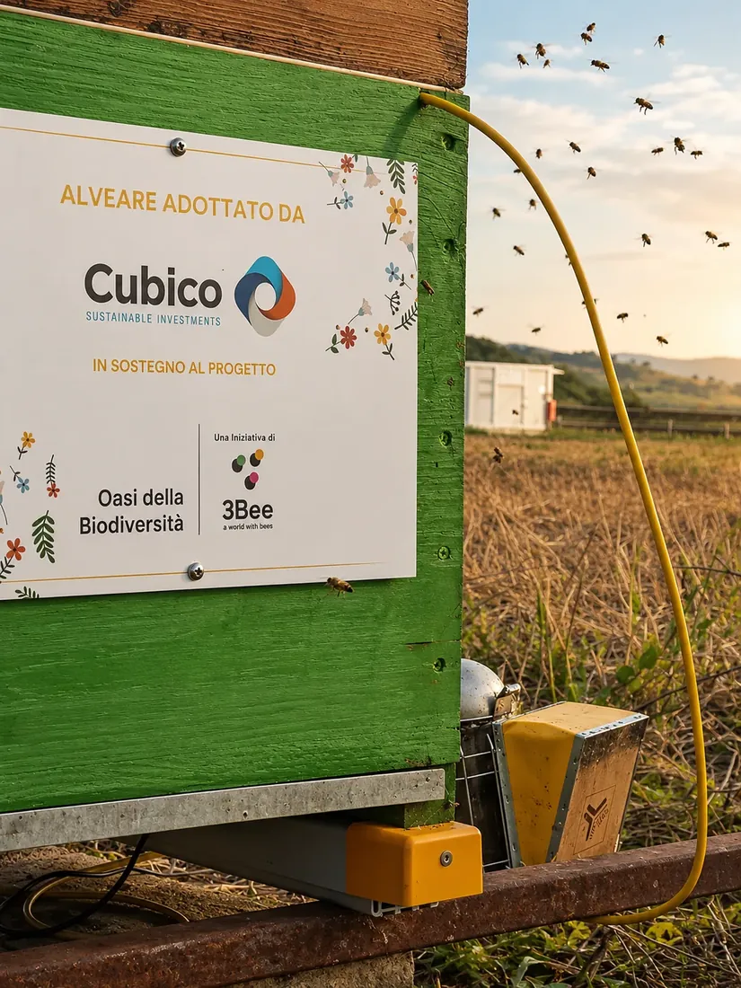 Alveare con la targa di Cubico in un'oasi 3Bee