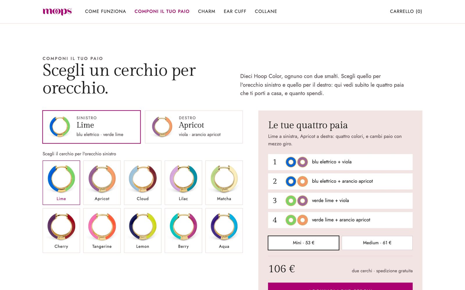 Il banco Componi il tuo paio: sinistro e destro, i dieci colori e le quattro paia con il prezzo