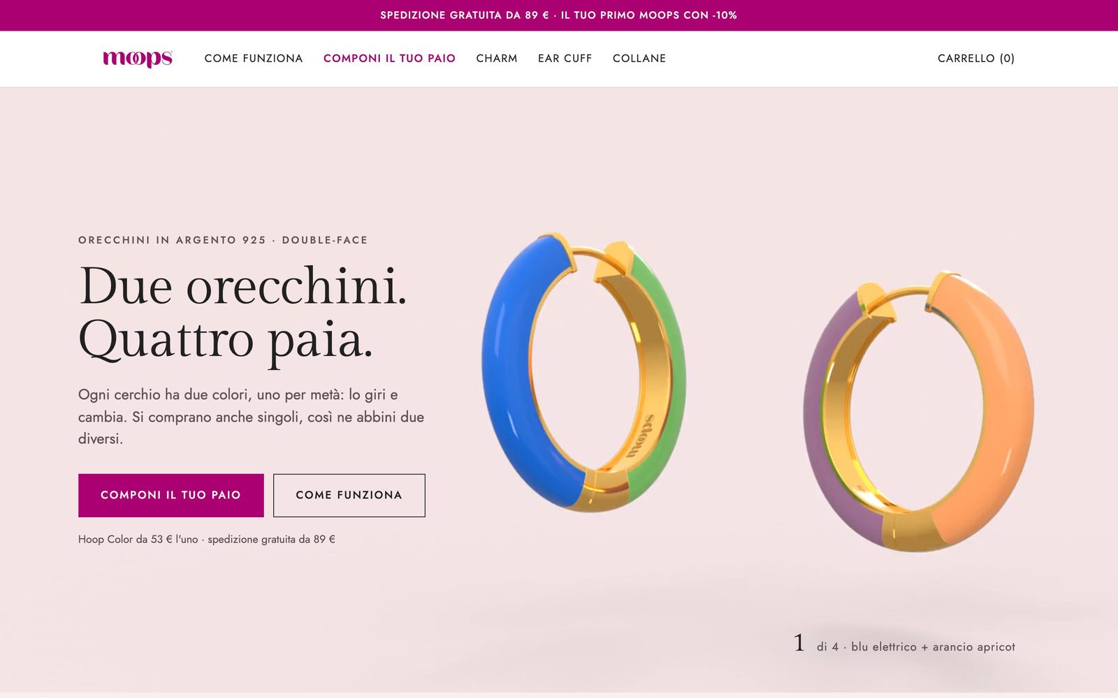 La home riprogettata: titolo Due orecchini. Quattro paia., con due cerchi double-face che girano