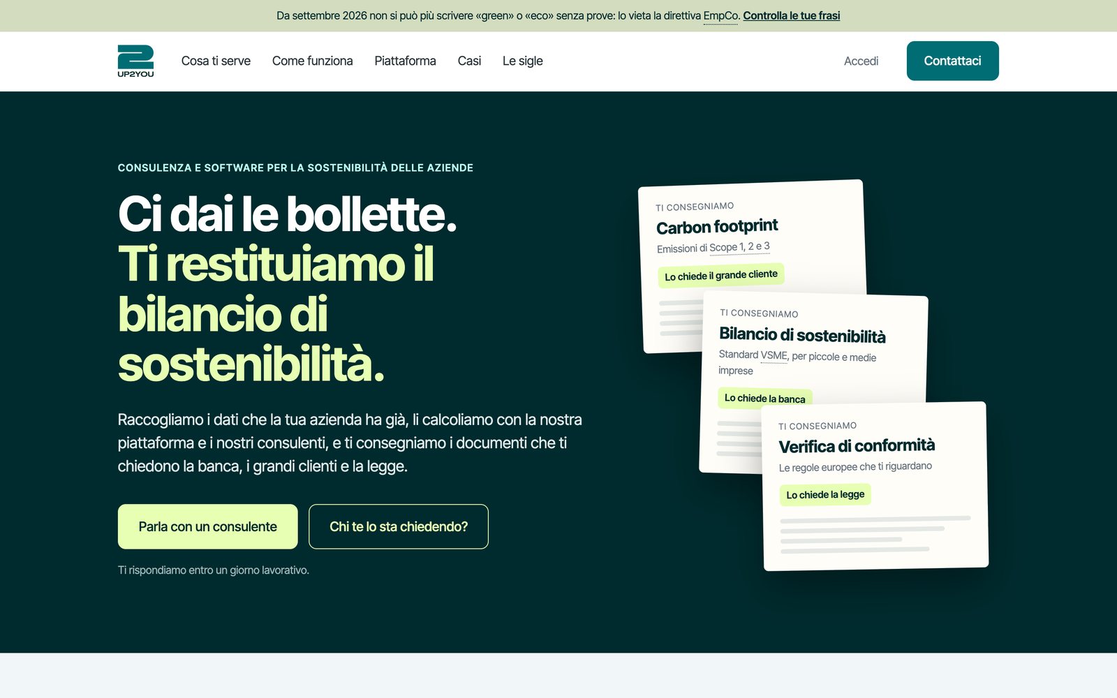 La home riprogettata: titolo Ci dai le bollette, ti restituiamo il bilancio di sostenibilità, con i tre documenti che si ricevono